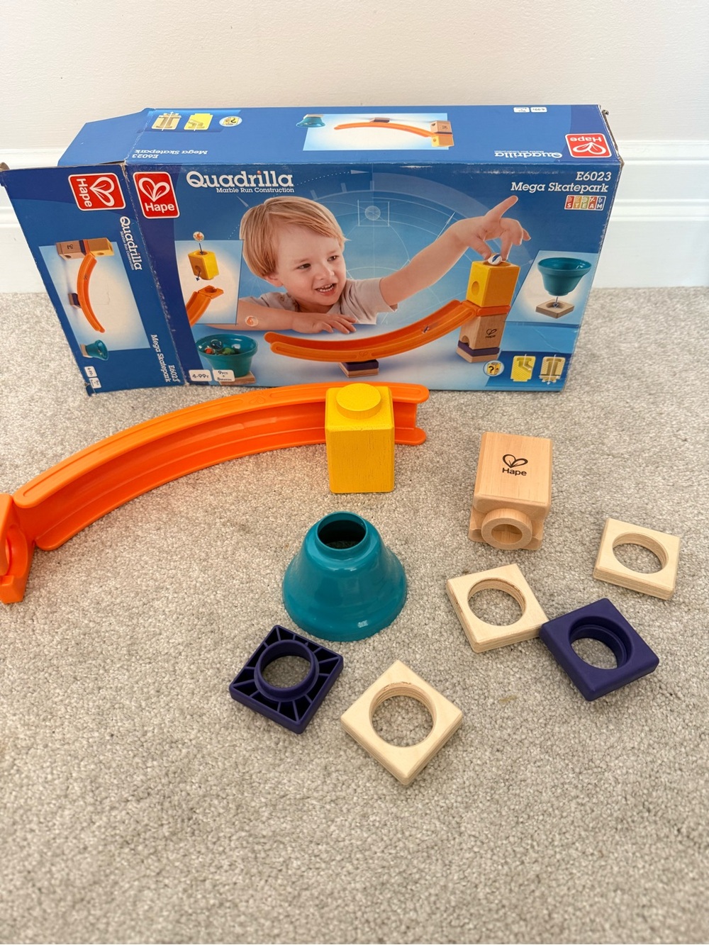 Quadrilla Mega Skatepark Marble Run - Orange, Yellow, Teal, Natural Wood hape